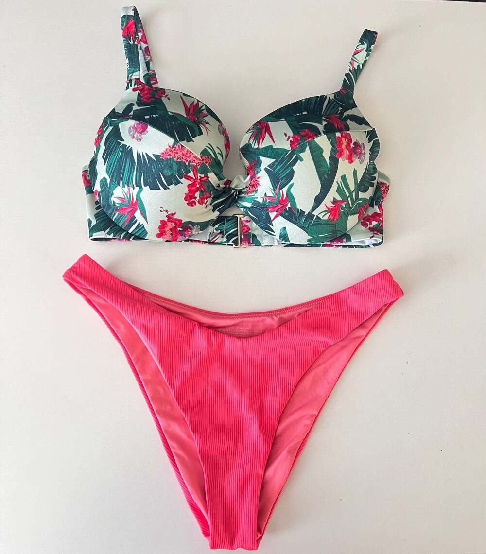 Victoria's Secret Floral Underwire Bikini Set with Ribbed Brazilian Bottom
